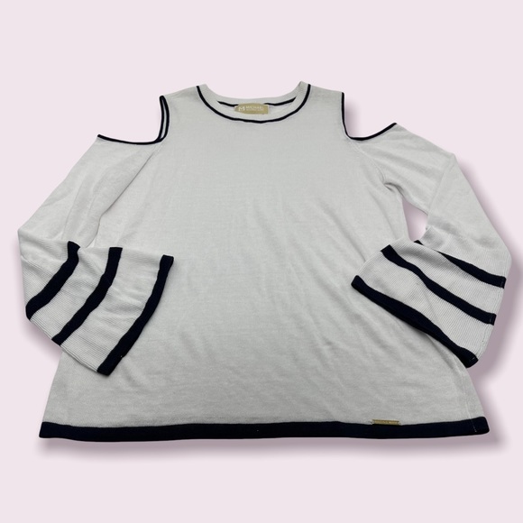 MICHAEL KORS| Cold Shoulder L/S Sweater EUC White with Navy stripe bell sleeve - Picture 6 of 9